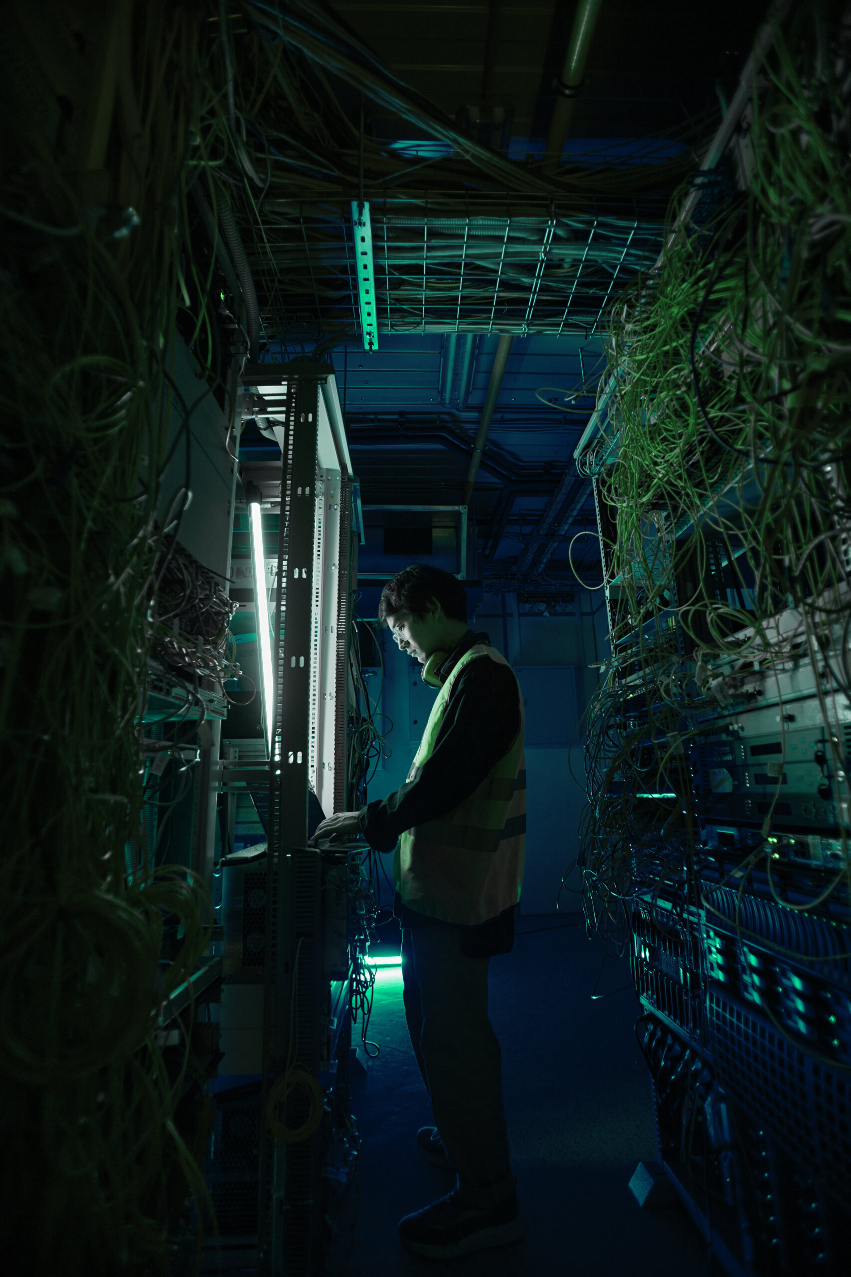Technician Inspecting Computer Network
